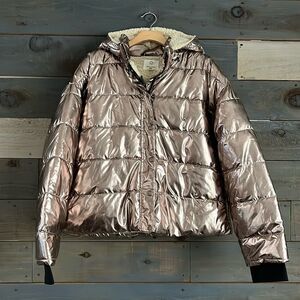 Offline by Aerie Shiny Metallic Puffer Sherpa Lined Jacket Hooded XL